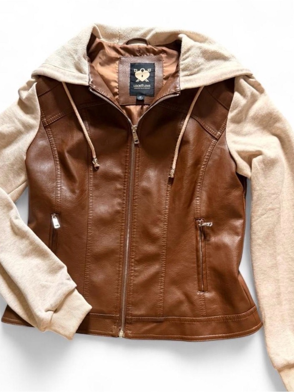 Brown Faux Leather-Front Hooded Jacket